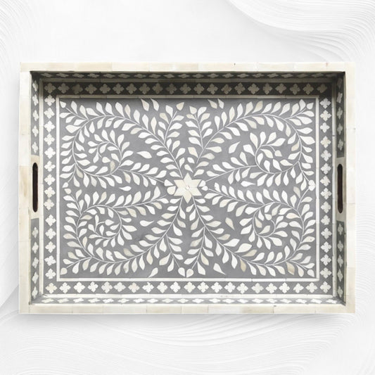 Grey Bone Inlaid Rectangular Tray Floral Design | Wood Inlay Tray