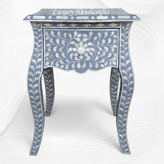 Grey Bone Inlay Bedside 1 Drawer Floral Design