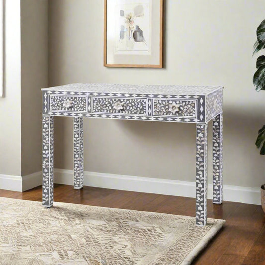 Grey Mother Of Pearl Inlay Floral 3 Drawer Console Table