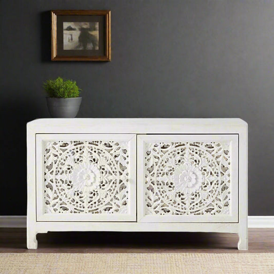 Handcarved Lombok Media Unit 2 Door White 1