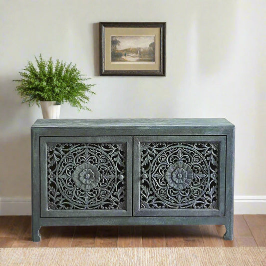 Handcarved Lombok Media Unit 2 Door Indigo Blue 1