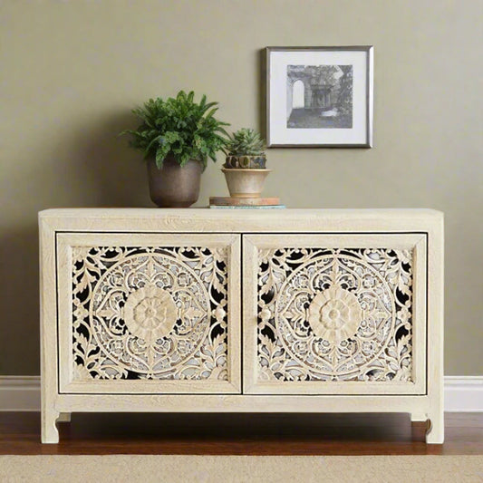 Handcarved Lombok Media Unit 2 Door White Wash 1
