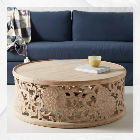Handcarved Lotus Coffee Table Whtewash Finish 1