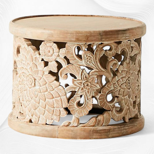 Handcarved Lotus Side Table White Wash 1
