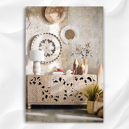 Handcarved Lotus Sideboard White Wash 1