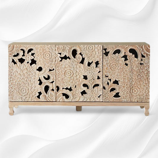 Handcarved Lotus Sideboard White Wash 2