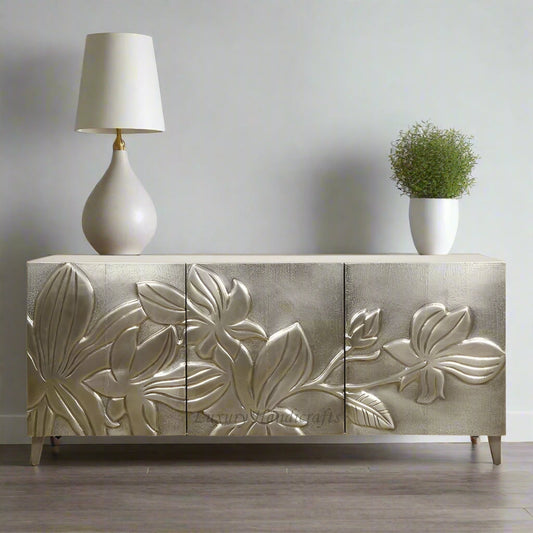 Hibiscus Embossed White Metal Sideboard 1
