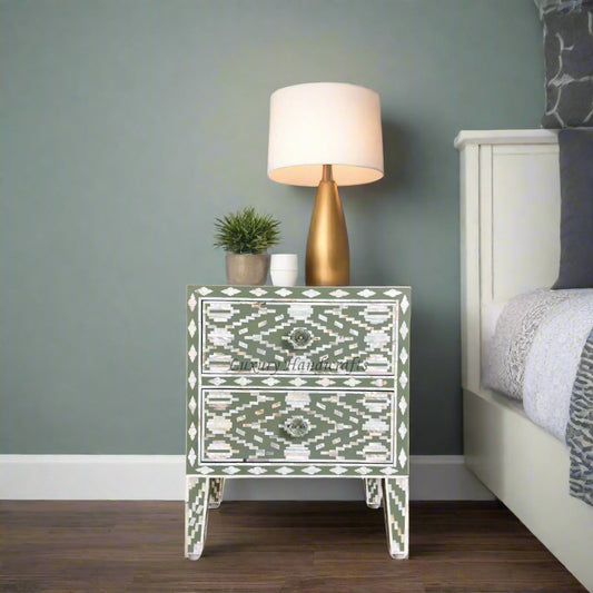 Ikat Design MOP Inlay Bedside 2 Drawer Pepper Leaf 1