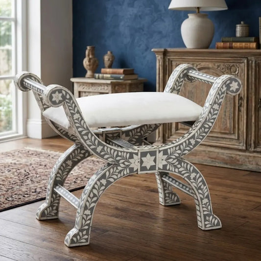 Bone Inlay Jenny Stool Floral Design Grey