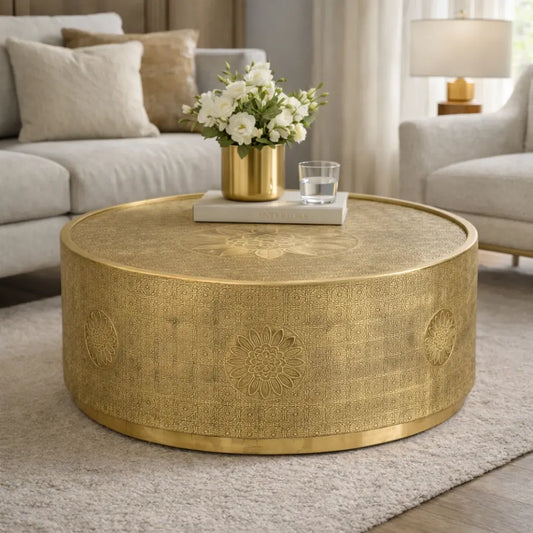 Jaden Antique Brass Embossed Coffee Table with Drawers