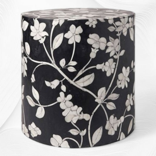 Lola Bone Inlay Round Stool Floral Black