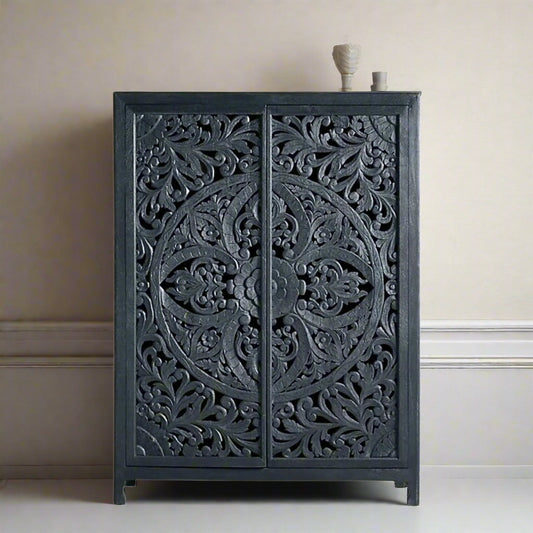 Lombok Handcarved 2 Door Wardrobe Indigo Blue 1