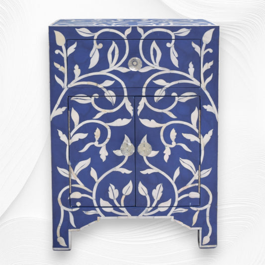 Mother Of Pearl Inlay 1 Drawer 2 Door Lily Design Bedside Dark Blue