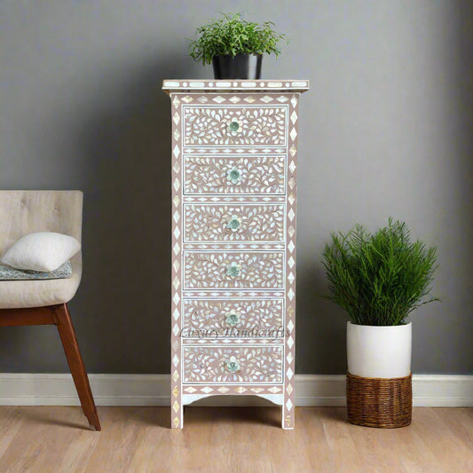 MOP Inlay Floral 6 Drawer Tallboy Chest Milk Chocolate 1