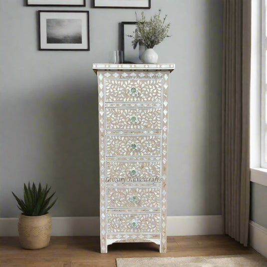 MOP Inlay Floral 6 Drawer Tallboy Chest Pink Chocolate 1