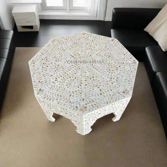 MOP Inlay Floral Octagonal Coffee Table White 1