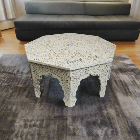 MOP Inlay Floral Octagonal Coffee Table Beige 1