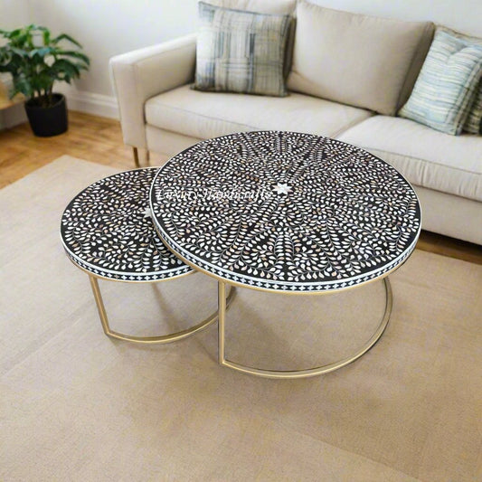 MOP Inlay Nesting Table Set Floral Black