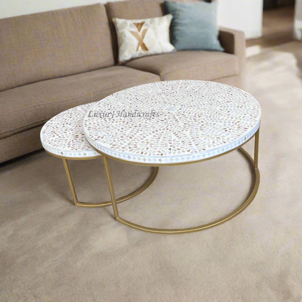 MOP Inlay Nesting Table Set Floral White