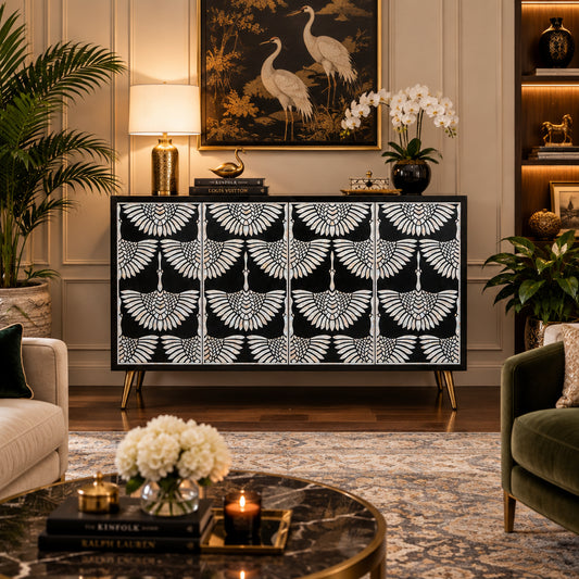 MOP Inlay Swan Cabinet 4 Door Black