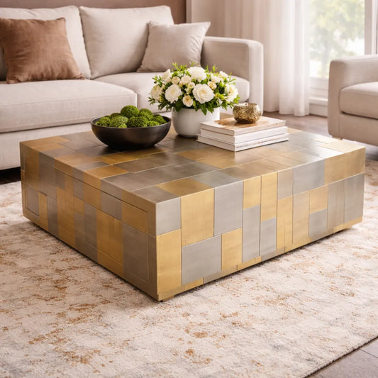 modern square coffee table with brass and metal