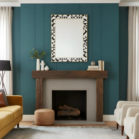 Living room with teal walls, wooden mantel, and decorative items.