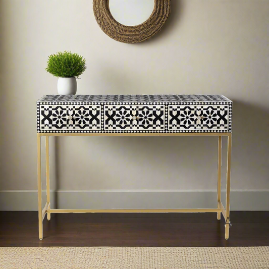 Moroccan Bone Inlay 3 Drawer Console Black