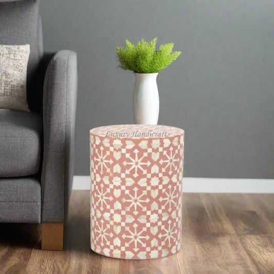 Moroccan Bone Inlay Round Side Table Orange