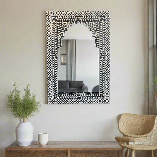 Mother Of Pearl Inlay Geometric Floral Mirror Black 1