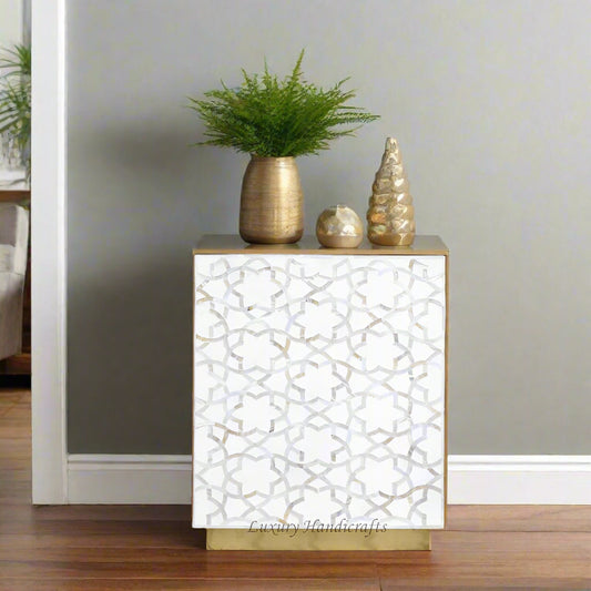 Mother Of Pearl Inlay Star Side Table Brass Base White 1