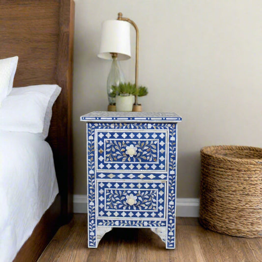 Mother Of Pearl Inlay Floral 2 Drawer Bedside Blue