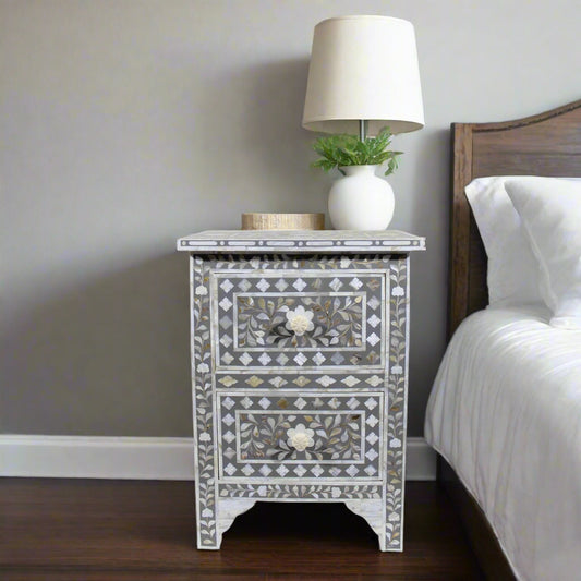 Mother Of Pearl Inlay Floral 2 Drawer Bedside Dark Grey