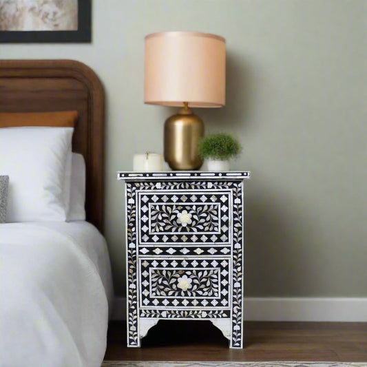 Mother Of Pearl Inlay Floral 2 Drawer Bedside Black