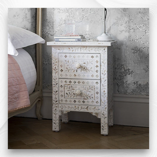 Mother of Pearl Inlay Floral 2 Drawer Bedside White