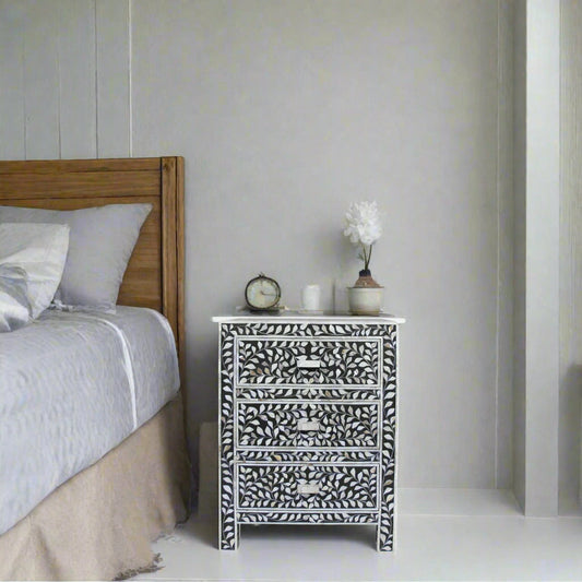 Mother Of Pearl Inlay Floral 3 Drawer Bedside Black