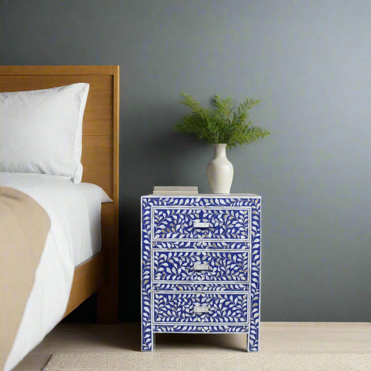 Mother Of Pearl Inlay Floral 3 Drawer Bedside Blue