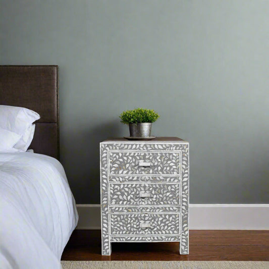 Mother Of Pearl Inlay Floral 3 Drawer Bedside Grey