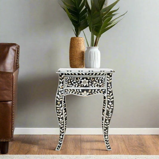 Mother of Pearl Inlay Curved Leg Table Black 1