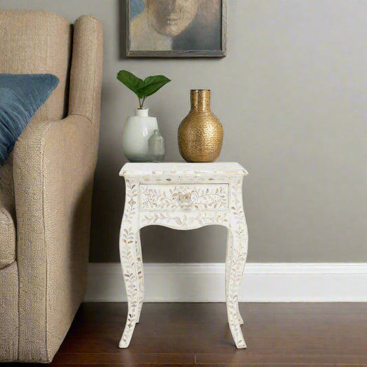 Mother of Pearl Inlay Curved Leg Table White1