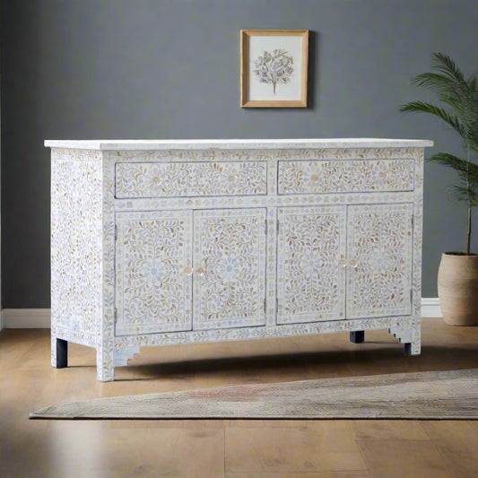 Mother Of Pearl Inlay Floral Sideboard Beige