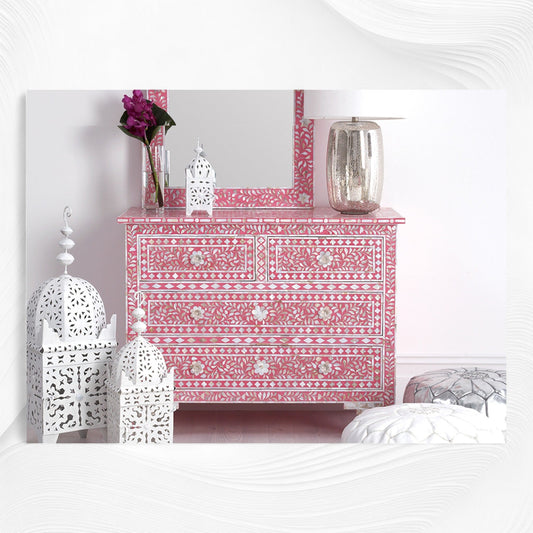 Mother Of Pearl Inlay Floral Chest Of Four Drawer Raspberry