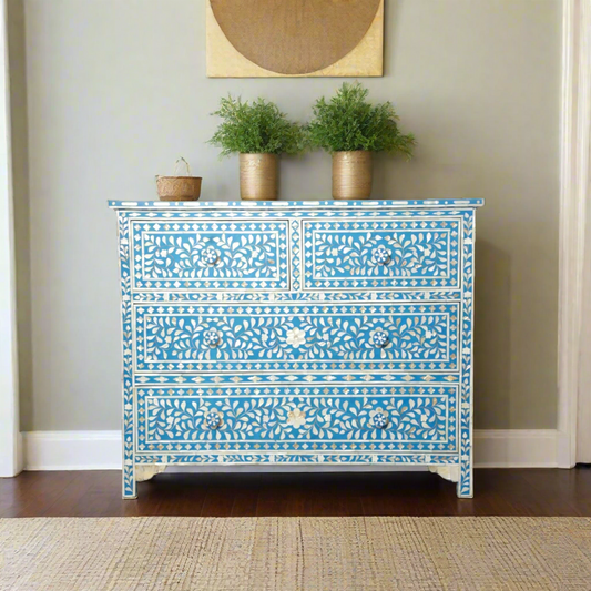 Mother Of Pearl Inlay Floral Chest Of Four Drawers Turquoise