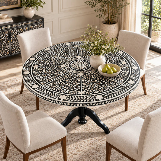 Round dining table with an intricate black and white mother of pearl inlay pattern, surrounded by four cream upholstered chairs in a bright, modern dining room.