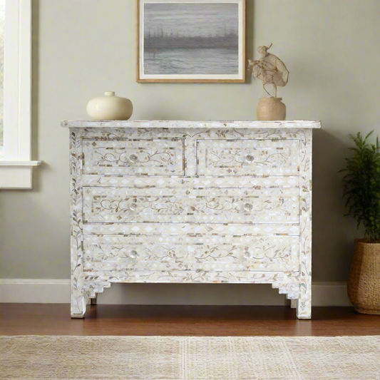 Mother Of Pearl Inlay Floral Chest Of Four Drawers Ivory
