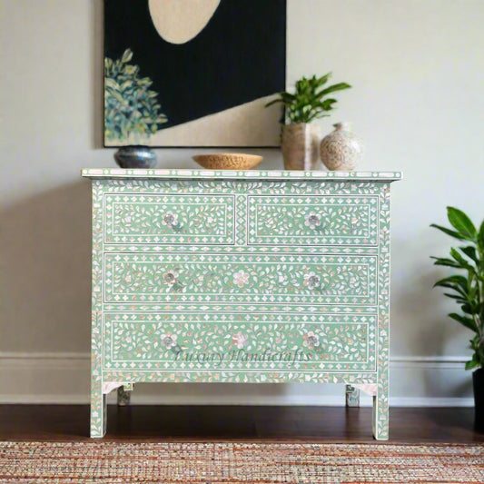 Mother of Pearl Inlay Floral Chest of Four Drawers Mint Green