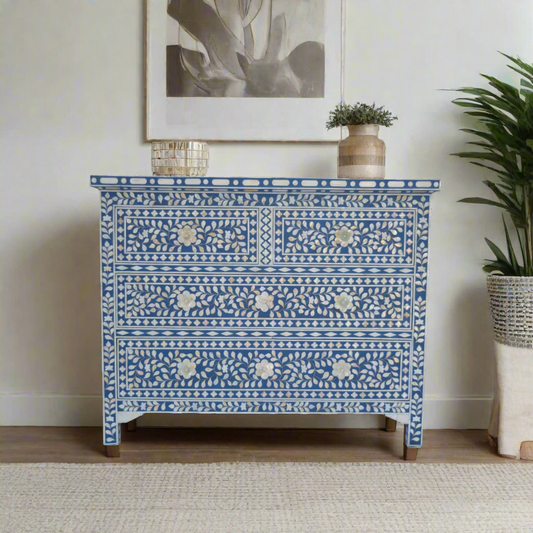 Mother Of Pearl Inlay Floral Chest Of Four Drawers Blue