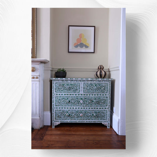 Mother Of Pearl Inlay Floral Chest Of Four Drawers Green