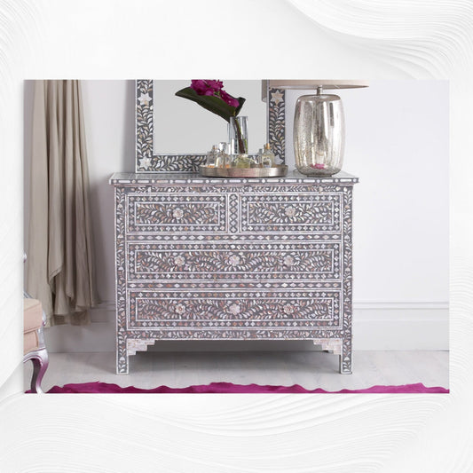 Mother Of Pearl Inlay Floral Chest Of Four Drawers Grey