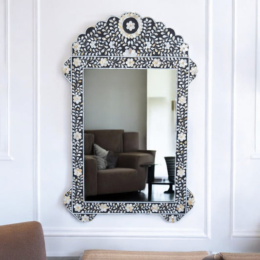 Black Mother Of Pearl Inlay Floral Circle Mirror
