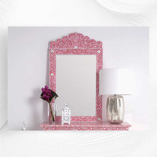 Mother Of Pearl Inlay Floral Crested Mirror Pink